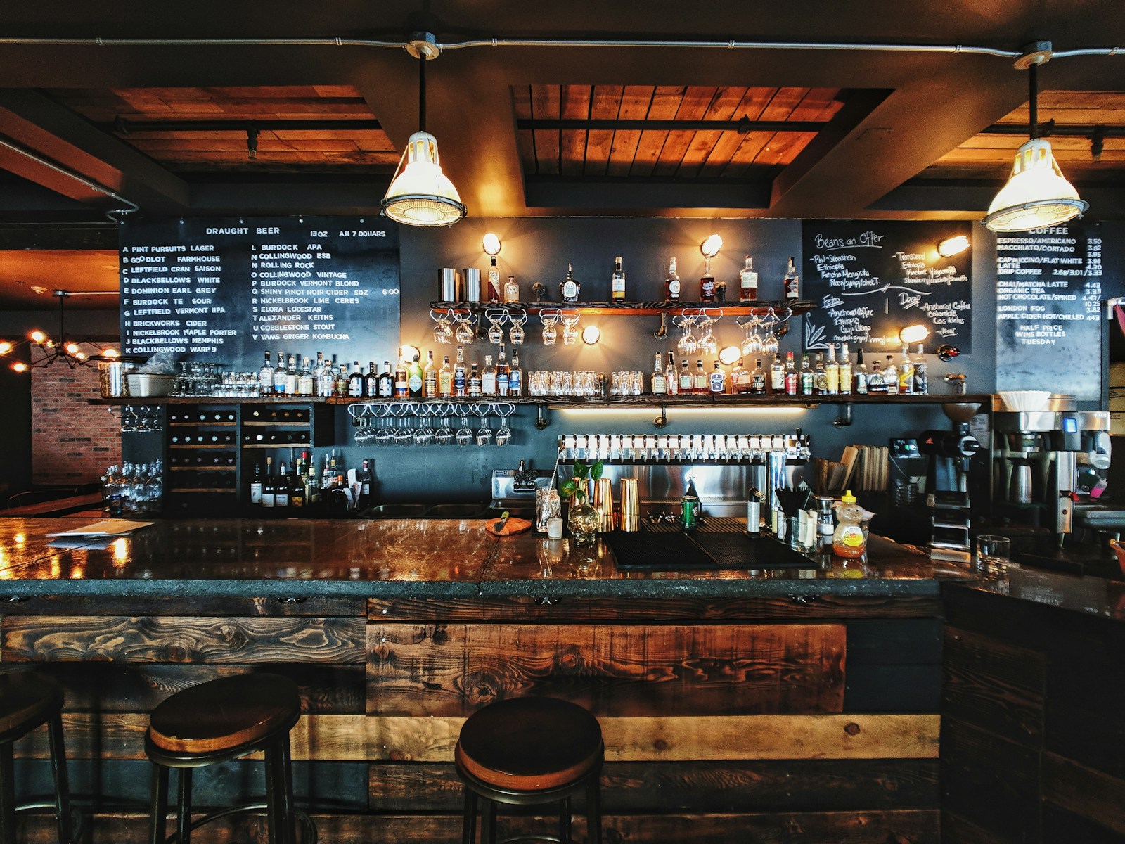 Warmly lit bar with stools and a welcoming interior